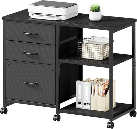 Maihail 3 Drawer File Cabinet with Wheels Rolling Printer Stand with Open Storage Shelf Fabric Lateral Filing Cabinet for Home Office,Black