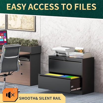 2 Drawer Lateral File Cabinet with Lock, Metal Lateral File Cabinets for Home Office, Steel Heavy-Duty Filing Storage Cabinet for Letters/Legal/A4 (Require Assembly, Black)
