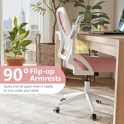 Giantex Mesh Office Chair, Ergonomic Desk Chair with Flip-up Arms & Lumbar Support, Height Adjustable Swivel Computer Desk with High Back for Home Office (Pink)