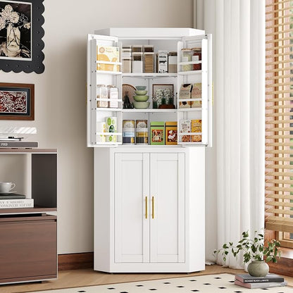 GAIOUS 63" Tall Metal Corner Kitchen Pantry Cabinet, Steel Storage Cabinets with 4 Doors and 3 Shelves, Kitchen Food Cabinets with 6 Door Panel Shelves, Farmhouse Cupboard for Kitchen Dining, White