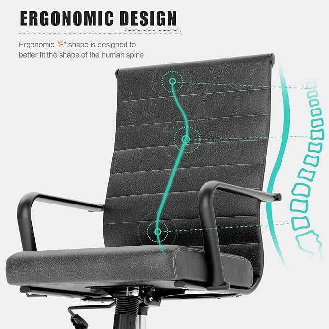 Okeysen Genuine Leather Office Chair, Mid-Century Modern Real Leather Conference Room Chairs, Ergonomic Executive Ribbed Height Adjustable Swivel Rolling Desk Chair for Home Office.