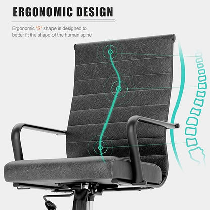 Okeysen Genuine Leather Office Chair, Mid-Century Modern Real Leather Conference Room Chairs, Ergonomic Executive Ribbed Height Adjustable Swivel Rolling Desk Chair for Home Office.