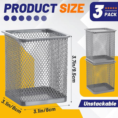Segarty Pen Holder, 3 Pack Square Silver Pencil Holder for Desktop, Metal Mesh Pen Cup Container Desk Organizer for Office Supplies, School, Home, Makeup Brush Storage