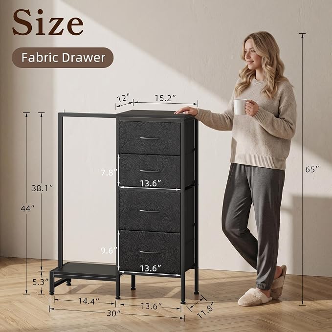 HIGDBFE Dresser with Hanging Rack, 4 Drawers Small Closet for Bedroom, Reversible Fabric Kids Chest of Drawers with Clothes Rack, Tall Storage Tower, Sturdy Frame, Black, 44''H