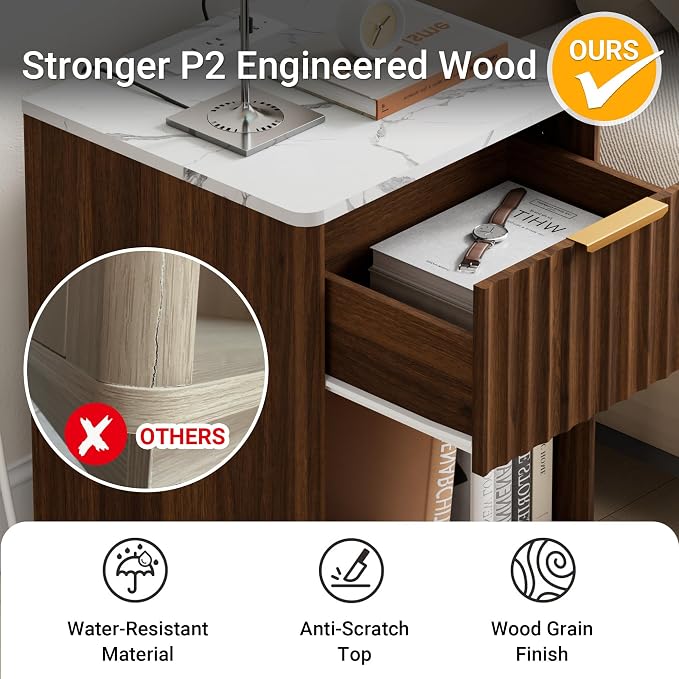Fluted Nightstand, Night Stand Set 2, 23" Wide Walnut Nightstands Set of 2 with Charging Station & Faux Marble Top, Large Modern End Table with Drawer, Bedside Table for Bedroom Living Room