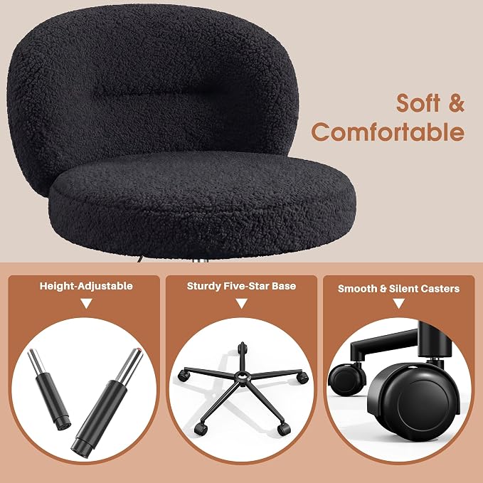 Homkdom Small Round Desk Chair, Armless Vanity Chair with Wheels, Height Adjustable & 360° Swivel, Cute Comfy Vanity Computer Chair for Bedroom, Home Office, Black