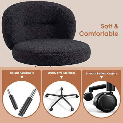 Homkdom Small Round Desk Chair, Armless Vanity Chair with Wheels, Height Adjustable & 360° Swivel, Cute Comfy Vanity Computer Chair for Bedroom, Home Office, Black