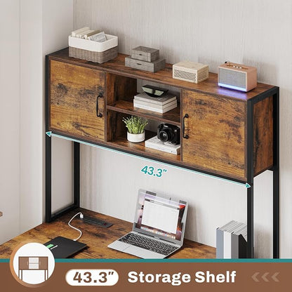 SEDETA L Shaped Desk with Drawers, 62.2" Home Office Desk with Fabric File Drawers and Power Outlet, L Shaped Desk with Hutch, Storage Shelves, LED Lights, Rustic Brown