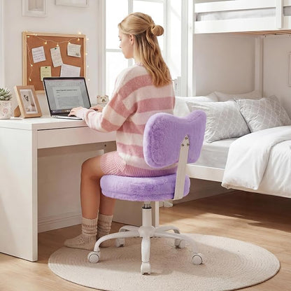 Homkdom Vanity Chair with Wheels, Cute Desk Chair with Bow Backrest, Fluffy Faux Rabbit Fur Small Office Chair for Vanity, Make-up Room, Bedroom, Dorm, Height Adjustable, Purple