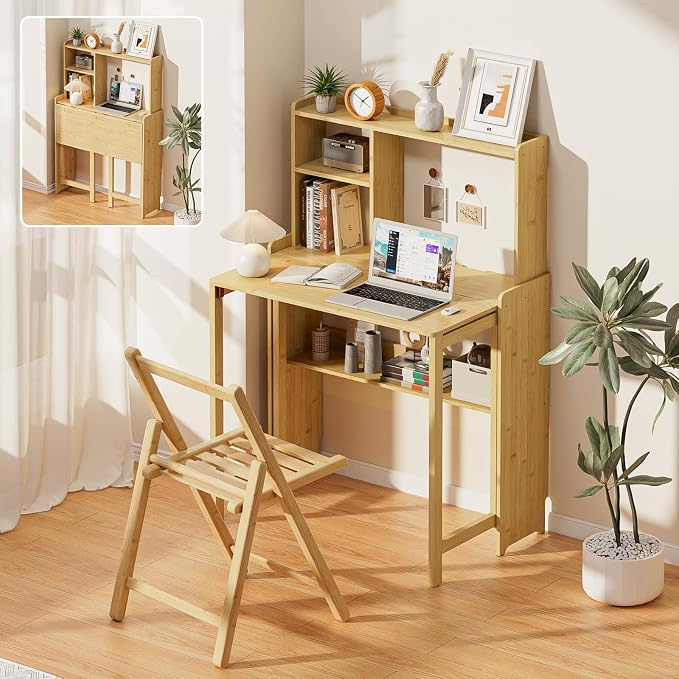 Bamboo Folding Desk with Bookshelf, Compact Computer Desk with Hutch for Small Spaces, Foldable Desk with Storage Shelf, Space-Saving Home Office Desk for Bedroom, Dorm, Apartment,Natural