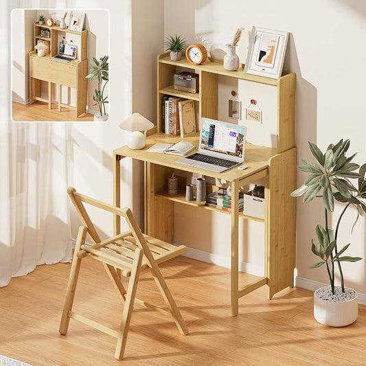 Bamboo Folding Desk with Bookshelf, Compact Computer Desk with Hutch for Small Spaces, Foldable Desk with Storage Shelf, Space-Saving Home Office Desk for Bedroom, Dorm, Apartment,Natural