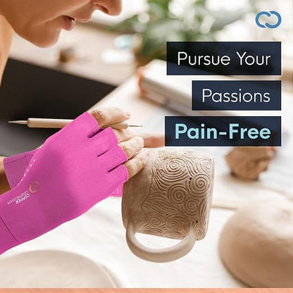 Copper Compression Arthritis Gloves | Fingerless Arthritis Carpal Tunnel Pain Relief for Men & Women | Hand Support Wrist Brace for Neuropathy, Rheumatoid, Tendonitis, Swelling, Crocheting Pink S