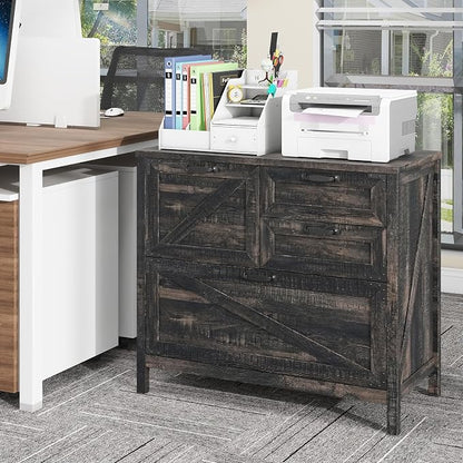 Halitaa Lateral File Cabinet with 4 Drawers Farmhouse File Cabinet for Letter/Legal/A4 Size Hanging Files, Large Wood File Storage Cabinets Printer Stand for Home Office Cabinet, Dark Rustic Oak