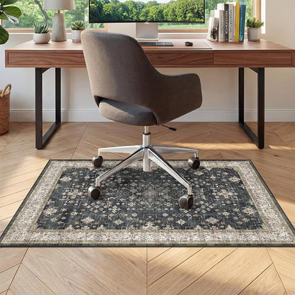2'5"x4' Black Boho Office Chair Mat for Hardwood Floors - Dark Modern Aesthetic Under Desk Rug, Low Pile Floor Protector for Heavy Duty Computer Chair with Non-Slip Backing, Black & Multi
