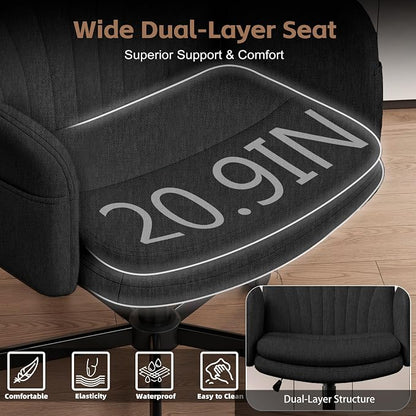 Vonesse Criss Cross Office Chair with Wheels & Armrests, Height Adjustable Vanity Chair, Makeup Chairs with Side Pockets Design, Comfortable Computer Desk Chairs for Home (Linen Fabric,Black)