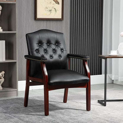 Ergonomic High Back Office Guest Chair - Black Leather Executive Single Chair for Reception & Conference Rooms, Waiting Room, Meeting, Lobby, Church, No Wheels with Arm Fixed Base Design