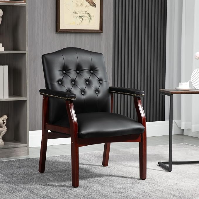 Black Leather Office Chairs Set of 2 -Ergonomic Executive Guest Chairs for Reception, Multi-Scene Use (Waiting Room, Meeting, Conference, Lobby, Conference, Church) High Back No Wheels with Arm Design