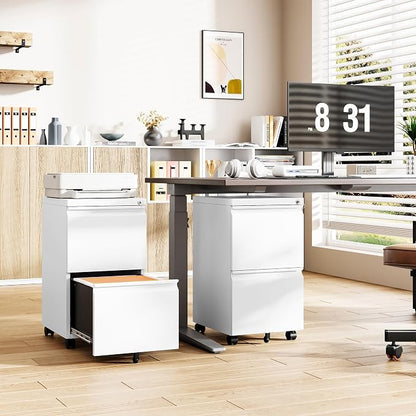 2 Drawer File Cabinet with Lock, Small Rolling Filing Cabinet for Home Office, Printer Stand, 2 Drawer Under Desk Filing Cabinet with Wheels for Legal/Letter/A4 (Fully Assembled,White)