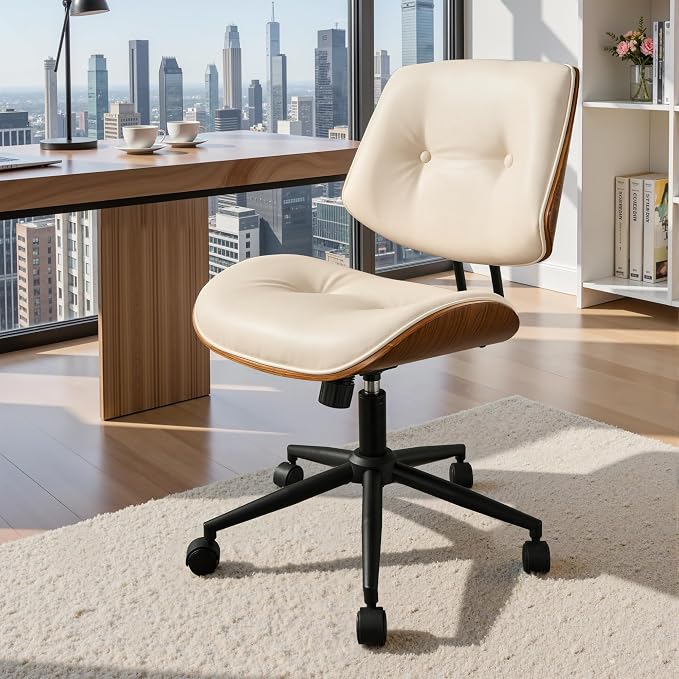Armless Office Chair with Wheels, PU Leather Adjustable Height Desk Chairs, Modern Walnut 360° Swivel Mid Back Computer Chair for Small Space Meeting Room, Beige