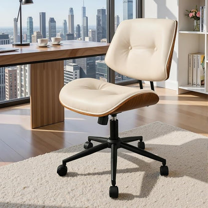 Armless Office Chair with Wheels, PU Leather Adjustable Height Desk Chairs, Modern Walnut 360° Swivel Mid Back Computer Chair for Small Space Meeting Room, Beige