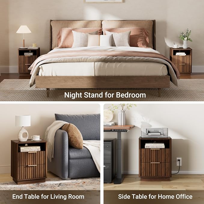 Fluted Nightstand, Night Stand Set 2, Walnut Nightstands Set of 2 with Charging Station, 2 Drawer Wood End Table w/Storage, Modern Bedside Table for Bedroom Sofa Home Office, Curved Corners