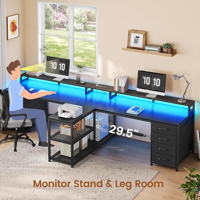SEDETA 94.5" 2 Person Gaming Desk, Long Office Computer Desk with 8 Drawers & LED Light, Two Person Desk with Storage, Power Strip & Monitor Shelf for Home Office, Black
