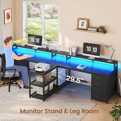 SEDETA 94.5" 2 Person Gaming Desk, Long Office Computer Desk with 8 Drawers & LED Light, Two Person Desk with Storage, Power Strip & Monitor Shelf for Home Office, Black