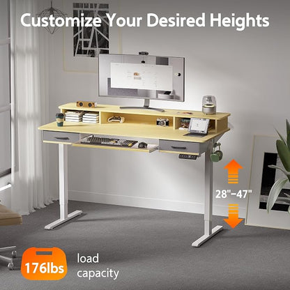 WALKINGDESK 63 Inches Electric Standing Desk with Keyboard Tray, Height Adjustable Sit to Stand Table with 2 Drawers, Ergonomic Home Office Desk with Storage Shelf, Computer Table, Oak