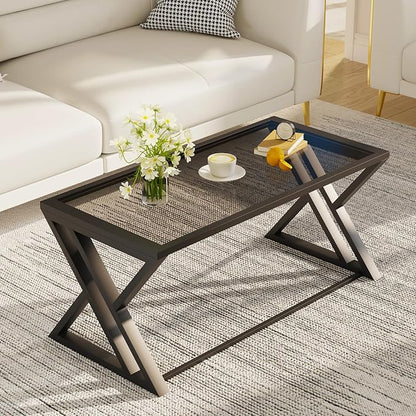 Wolawu Coffee Table Grey Glass Coffee Table for Living Room,Modern Rectangular Center Table with Sturdy Metal Frame,Tempered Glass Tables for Bedroom Home Office