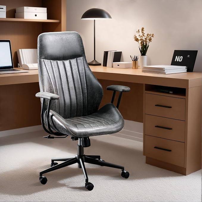 ovios Executive Ergonomic Office Chair, High Back Comfy Faux Suede Leather Computer Chairs, Mid-Century Modern Swivel Rolling Task Armchair, Grey
