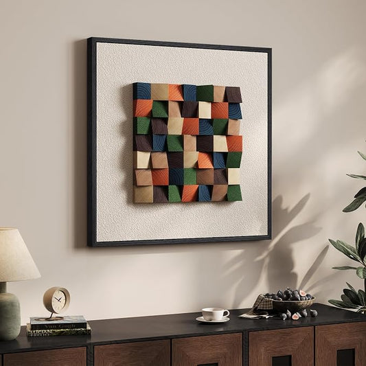 Framed 3D Textured Wood Abstract Wall Art for Living Room, Boho Colorful Geometric Beige Painting Artwork for Walls, Modern Minimalist Wall Decor, Hallway, Bedroom, Kitchen, Office，24 x 24 Inch