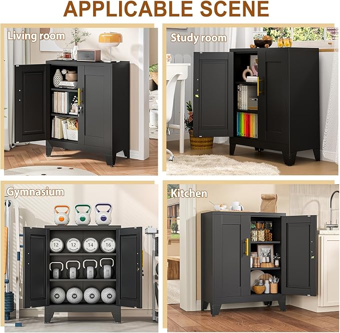36" Metal Storage Cabinet with Lock,Steel Locker Organizer, Office File Cabinet with 2 Doors and 2 Adjustable Shelves,Outdoor Tool Garage Cabinets for Home Office,Gym,School,Warehouse(Black)
