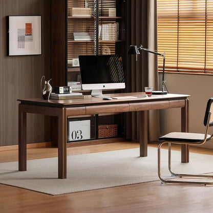100% Solid Wood Desk, Mid Century Modern Walnut Finish Home Office Computer Writing Desk with Drawers Perfect for Study & Living Room 39.37" W