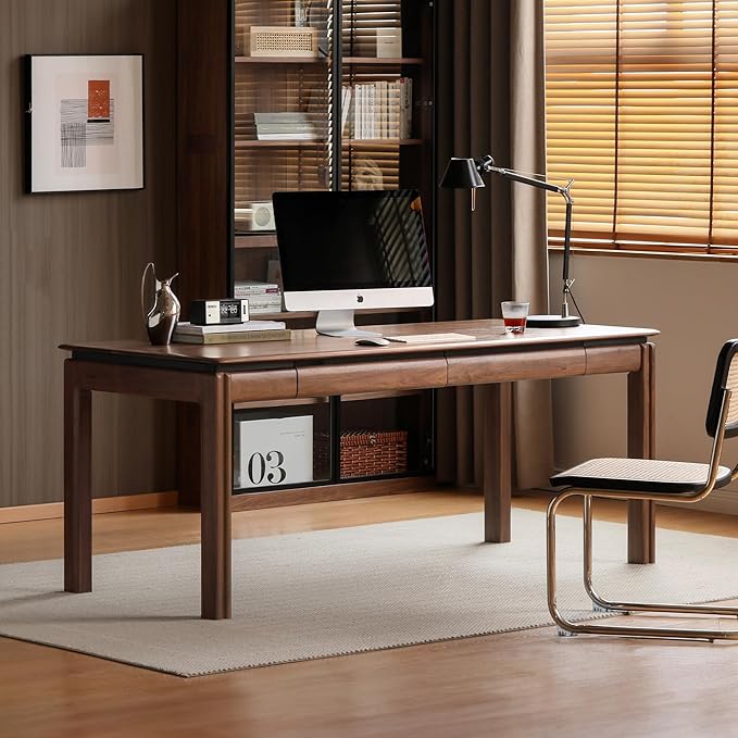 100% Solid Wood Desk, Mid Century Modern Walnut Finish Home Office Computer Writing Desk with Drawers Perfect for Study & Living Room 55.11" W