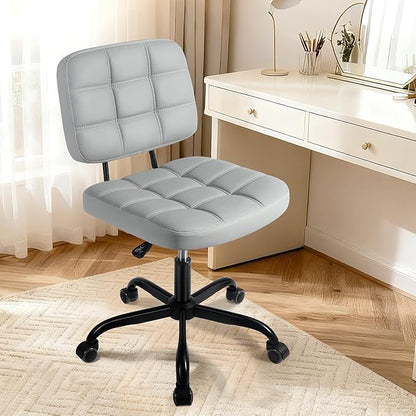 Armless Home Office Desk Chair - Small Swivel Office Desk Chairs with Rolling Wheels - Adjustable PU Leather Computer Chair with Comfy Low Back - For Small Space, Bedroom, Home, Vanity - Light Gray