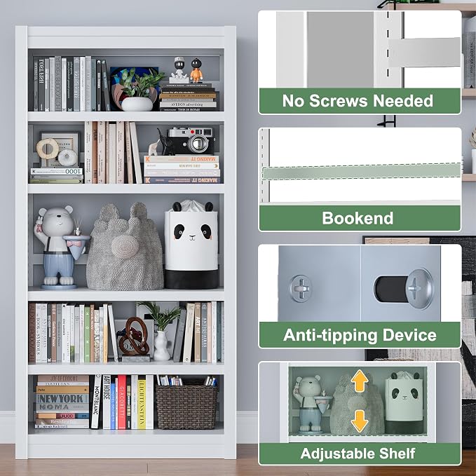 OSEILLC Metal Bookshelf, 5-Tier Bookcase, Modern Bookshelves with Adjustable Shelves, White Bookshelf for Home Office, Living Room, Garage, Small Space Living
