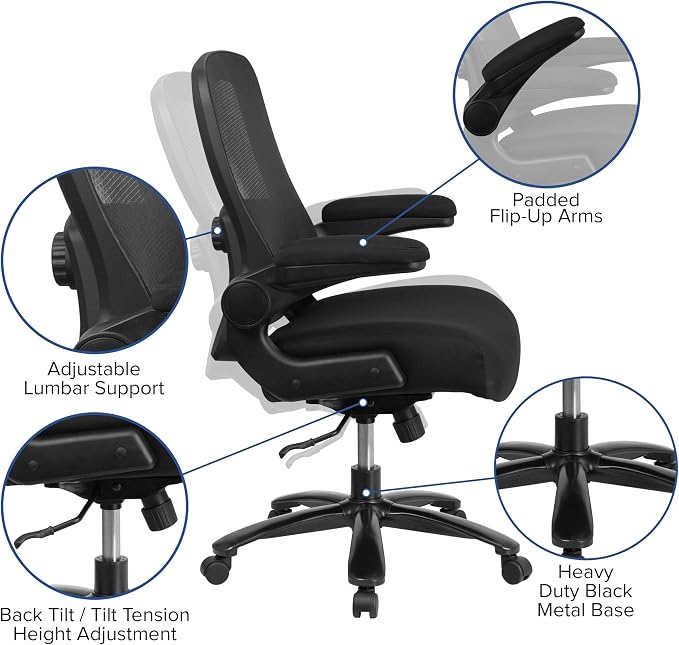 Flash Furniture Big & Tall Swivel Office and Gaming Chair with Lumbar and Back Support, Ergonomic Mesh Office Chair with Flip-Up Armrests and Adjustable Height, Black