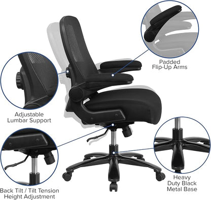 Flash Furniture Big & Tall Swivel Office and Gaming Chair with Lumbar and Back Support, Ergonomic Mesh Office Chair with Flip-Up Armrests and Adjustable Height, Black