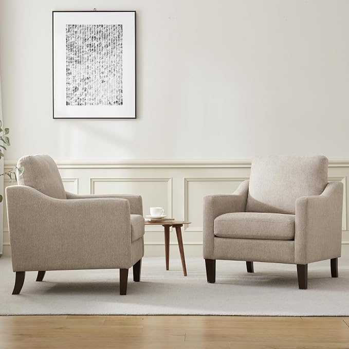 VKNOW Mid-Century Accent Chair, No Tools Assembly Required, Modern Upholstered Polyester Armchair for Living Room,Comfy Reading Accent Chairs with Wood Legs for Bedroom, Brown