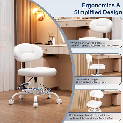 Misolant Vanity Chair with Back, Small Armless Cute office Chair with wheels and Lumbar support, Comfy PU Leather Desk Computer Chairs with Adjustable Height, 360°Swivel for Home Bedroom Office, White