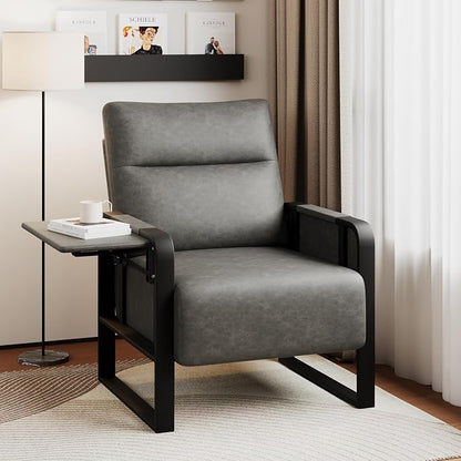 Alunaune Upholstered Living Room Chair Armchair, Mid Century Faux Leather Metal Accent Chair, Reception Couch Office Guest Chair Slipper Club Lounge Single Sofa with Sidetable for Bedroom-Grey