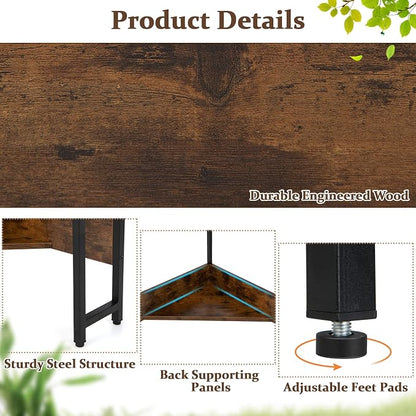 COSTWAY Corner Computer Desk, with USB Ports & Power Outlet, Storage Shelf for Small Space, Triangle Steel Frame Corner Desk for Home Office, Workstation (Rustic Brown)