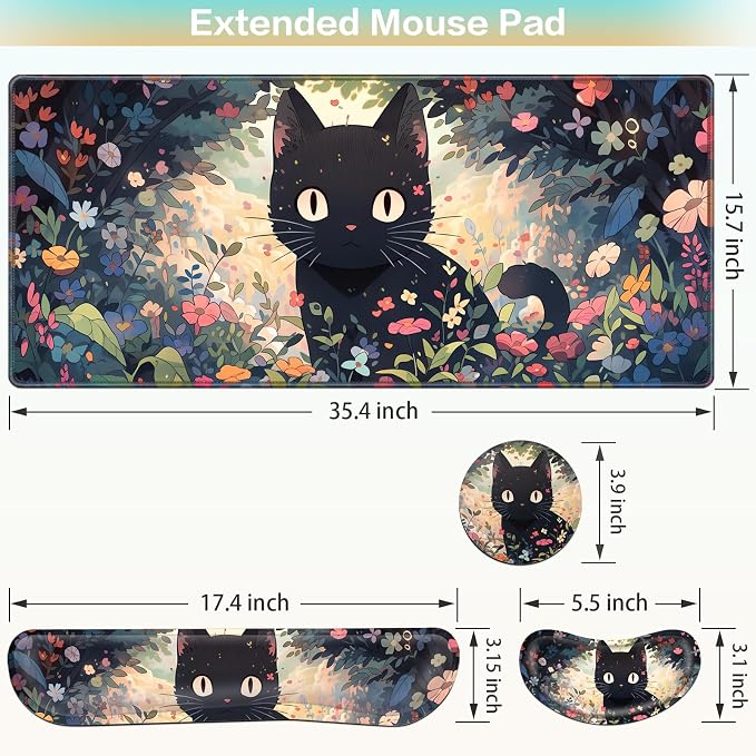 Mouse Pad Anime, Mouse Pad with Wrist Rest, 4-in-1 XXL Large Desk Mat Kawaii Mousepad with Gel Wrist Support Keyboard Wrists Rest Coaster, Ergonomic Gaming Cat Desk Pad, Funny Cute Office Accessories
