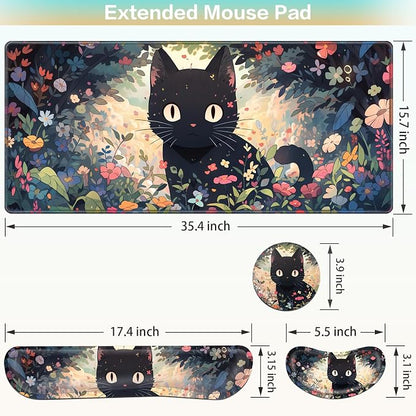 Mouse Pad Anime, Mouse Pad with Wrist Rest, 4-in-1 XXL Large Desk Mat Kawaii Mousepad with Gel Wrist Support Keyboard Wrists Rest Coaster, Ergonomic Gaming Cat Desk Pad, Funny Cute Office Accessories