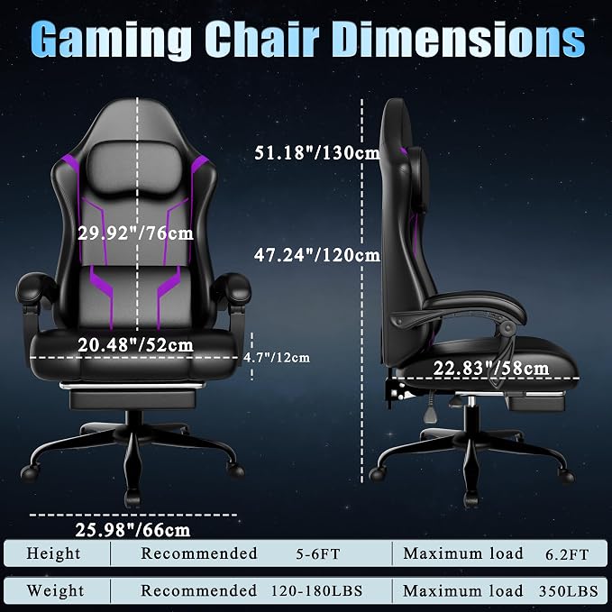 Gaming Chair, Computer Chair with Footrest and Lumbar Support, Ergonomic Video Game Chair with Headrest, Height Adjustable Gamer Chair Office Desk Chair, Purple