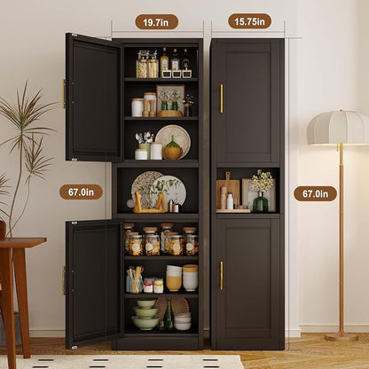 pozdeg 67" Tall Narrow Storage Cabinet Metal Bathroom Cabinet with 2 Doors & 4 Adjustable Shelves, Standing Pantry Cabinets Cupboard for Kitchen, Dining Room, Living Room and Bathroom (Black)