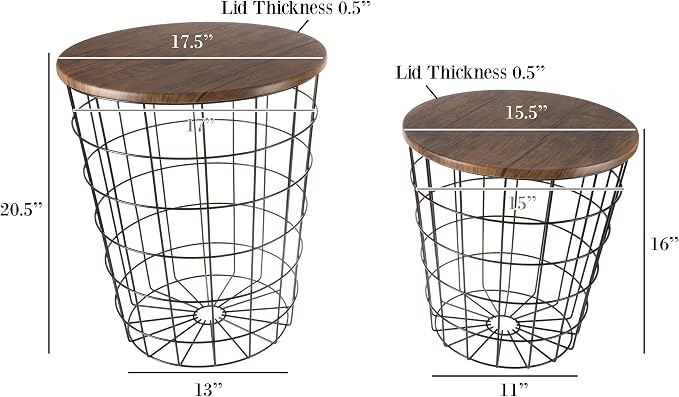 Lavish Home End Tables Set of 2 - Nesting Tables with Removable Wood Tops and Metal Basket Bases for Blanket Storage - Round Side Pieces for Living Room, Bedroom, or Home Office (Brown/Black)
