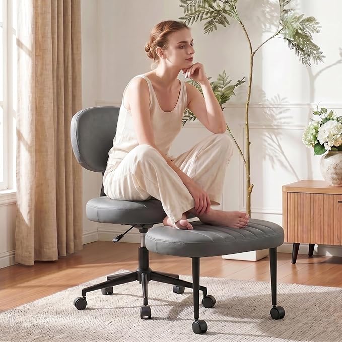 Cross Legged Office Chair with Wheels, 360 Swivel Height-Adjustable Meditation Chair with Lumbar Support, PU Leather, Gray