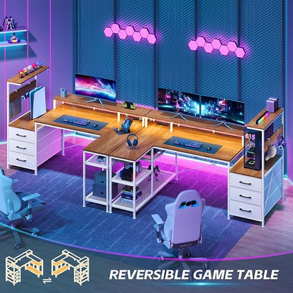 YOMILUVE L Shaped Gaming Desk with Drawers & Storage Shelves, White Gaming Desk with Power Outlets & LED Light, Reversible Computer Desk with Monitor Stand & Hooks, Brown and White