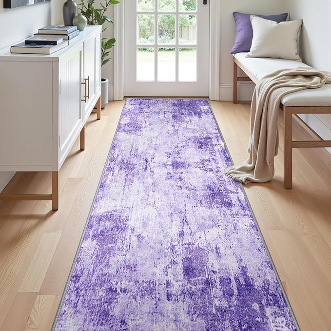 RELEANY Washable Area Rugs 2'x10' Non-Slip Modern Abstract Soft for Living Room Entryway Bedroom Kitchen, Print Pattern, Purple Gray Pink White